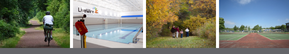 A photo montage of a person cycling outdoors, a LiveWire swimming pool, people walking outdoors and an athletics track. 