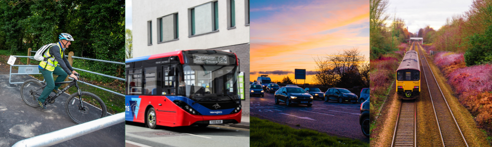 A montage of a cyclist, bus, cars and train