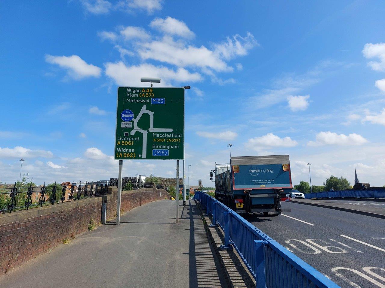 Bridge Street North bus lane - Bus lane signage on Wilderspool Bridge when approaching from the south