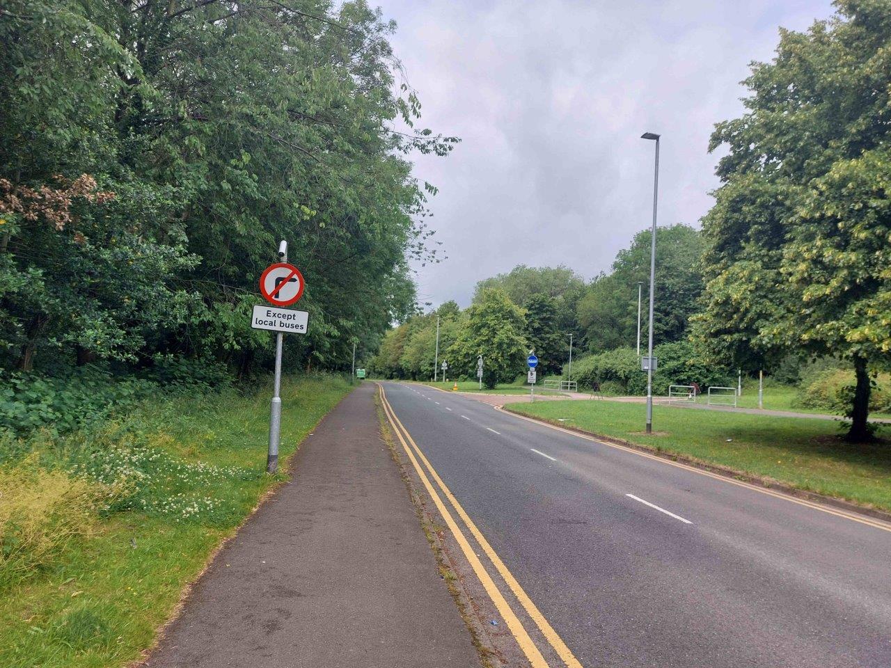 Birchwood bus lane - Signage on Ordnance Avenue showing no right turn - westbound