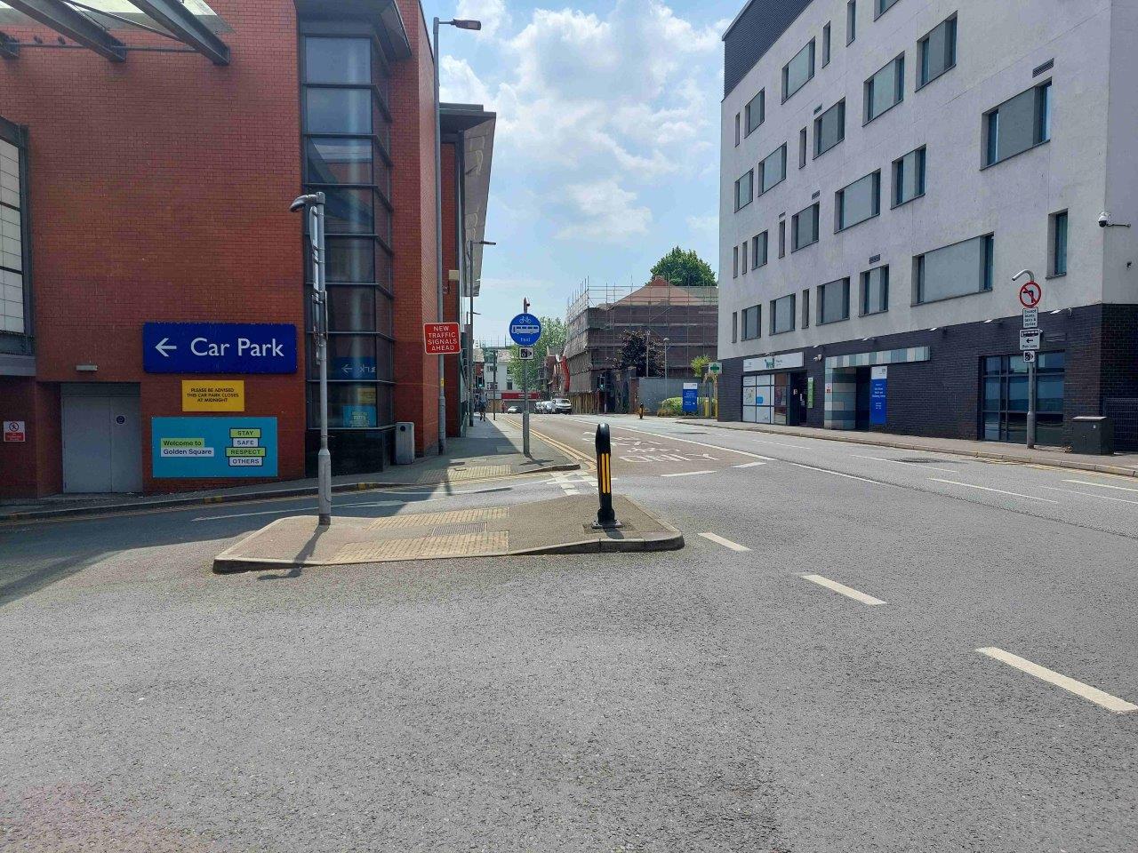 Legh Street bus lane- Bus lane signage and the start of the bus lane just after the entrance to the Golden Square carpark