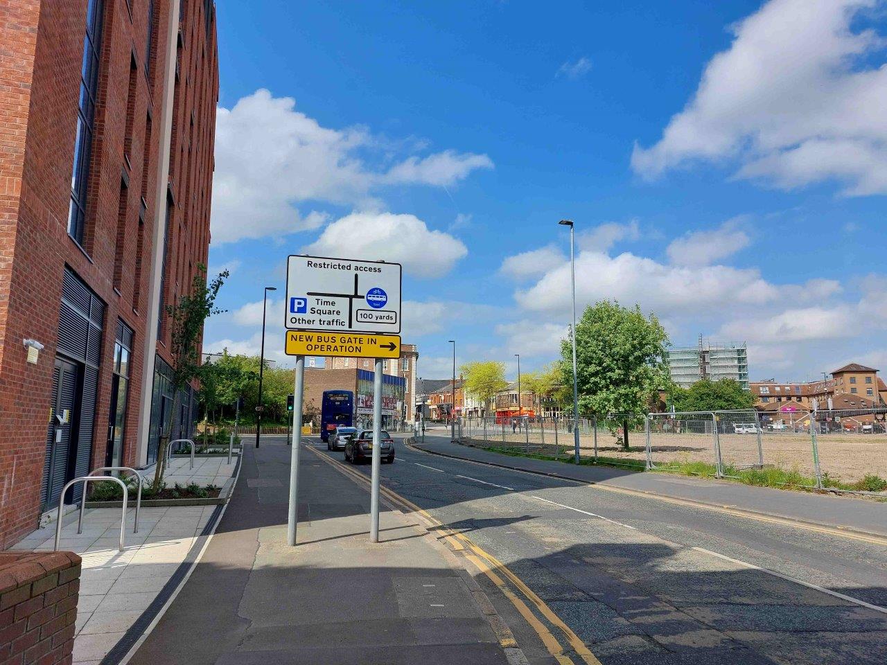 Scotland Road bus gate - Directional signage on Buttermarket Street